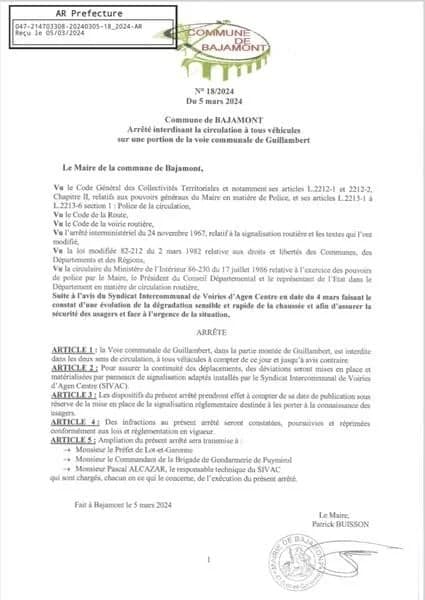 Arrêté municipal du 5 mars 2024