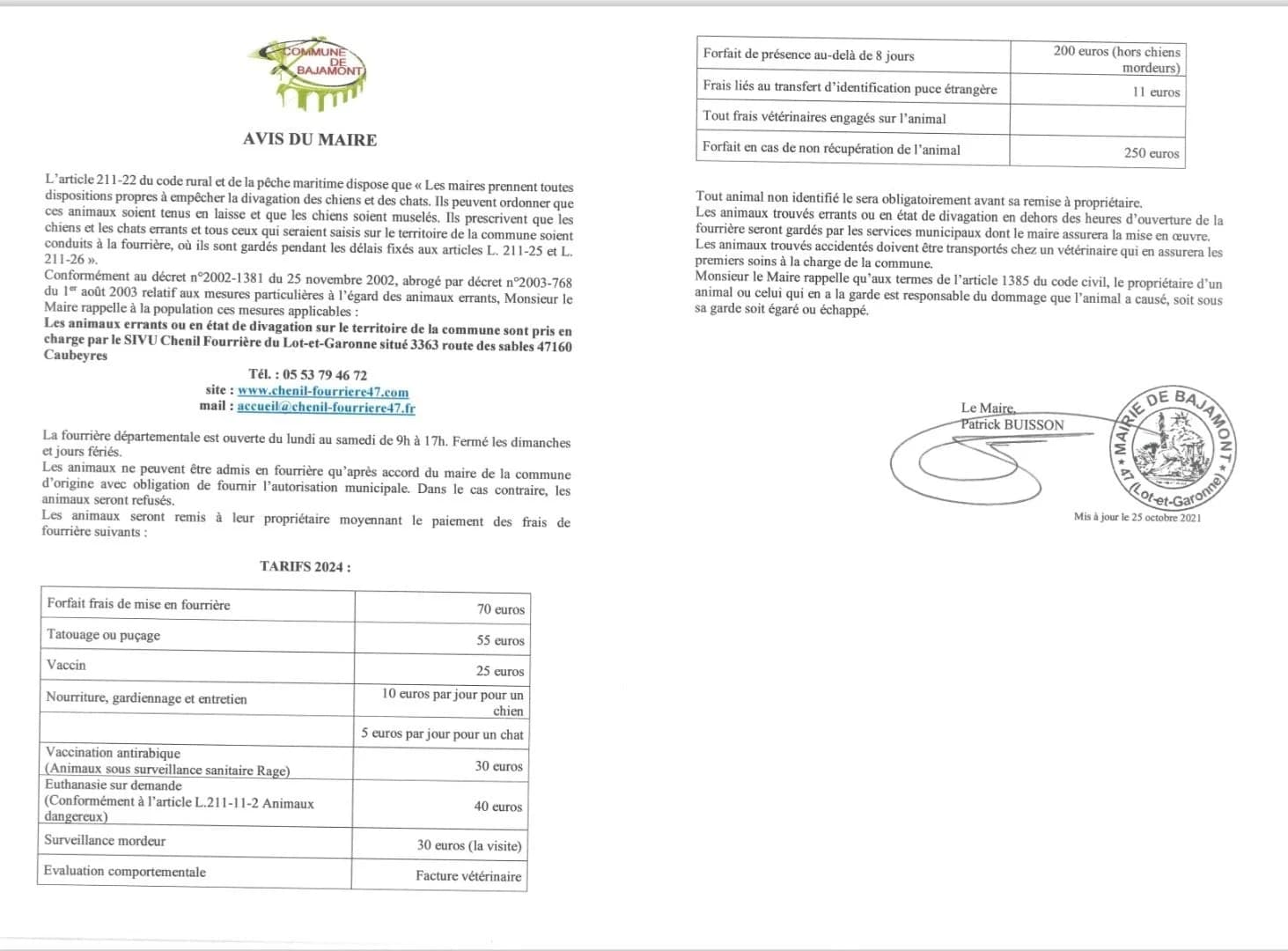 Fonctionnement du chenil, fourrière 47