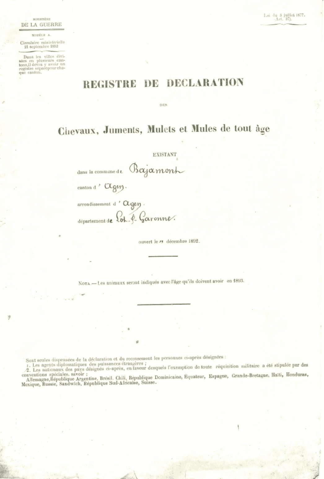 Registre communal de déclaration des chevaux, juments, mulets et mules de Bajamont, ouvert en décembre 1892